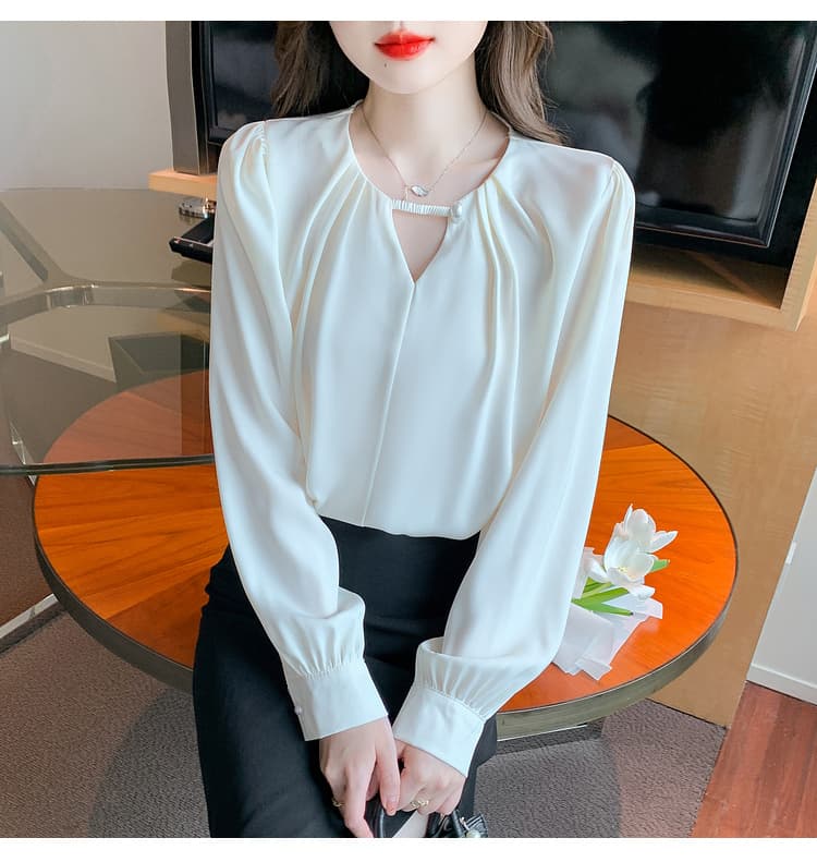 실사 2026 쉬폰 여성 셔츠 가을 새로운 프랑스식 고급 센스 미니멀리즘 싱글 버클 홀로우 아웃 맨위 여성 상세 이미지 21