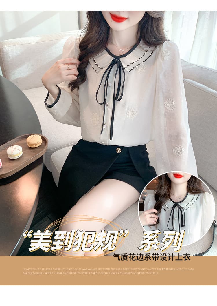 실사 가을 쉬폰 셔츠 2026 년 새로운 달콤함 베이비 칼라 레이스업 긴팔 셔츠 자수 기본 셔츠 상세 이미지 1