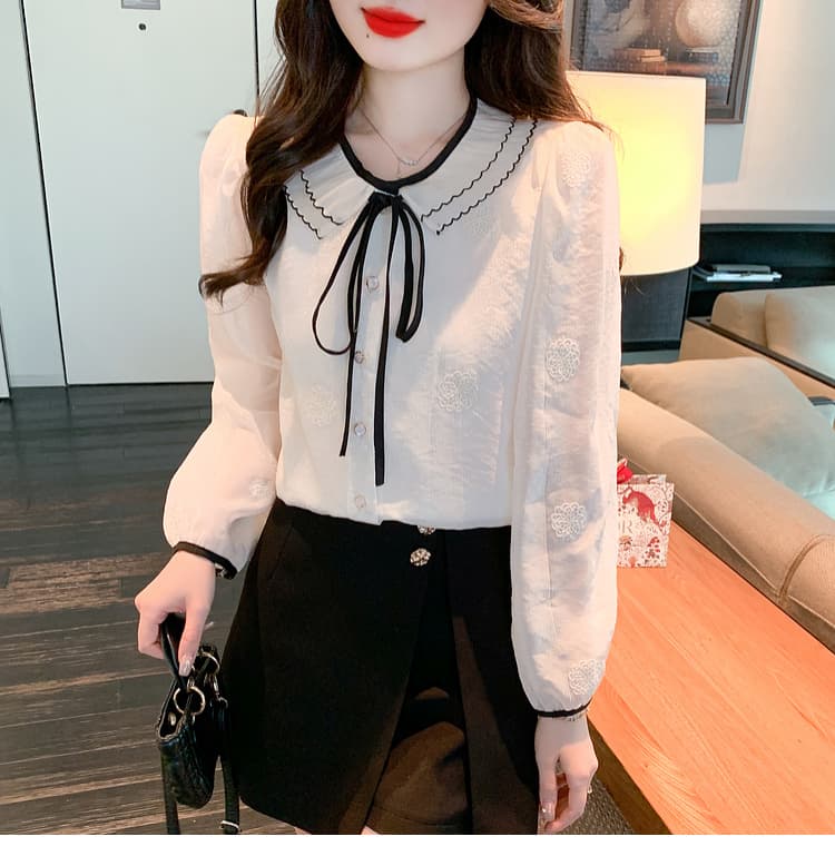 실사 가을 쉬폰 셔츠 2026 년 새로운 달콤함 베이비 칼라 레이스업 긴팔 셔츠 자수 기본 셔츠 상세 이미지 22
