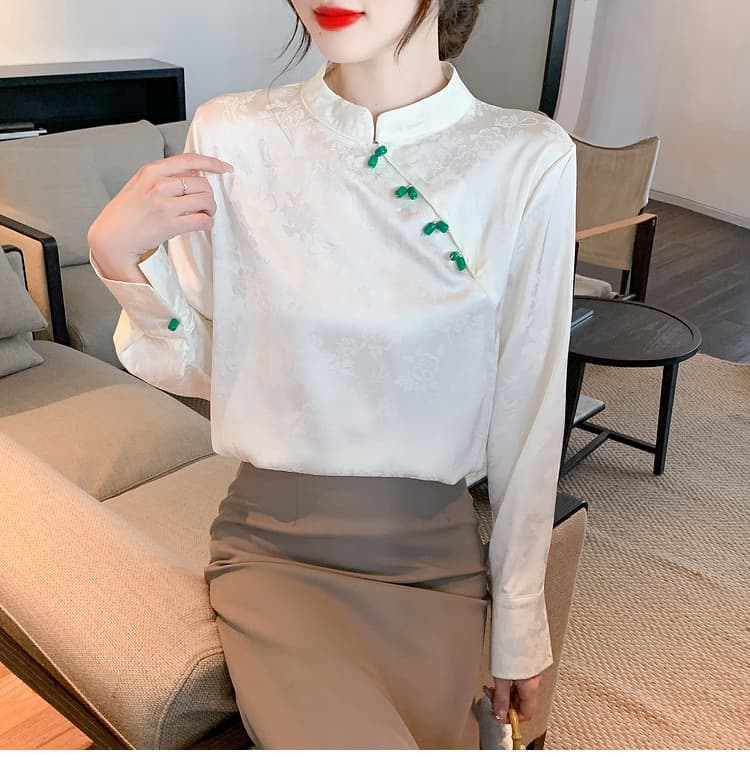 실사 2026 가을 새로운 새로운 중식 스탠드 칼라 긴팔 쉬폰 셔츠 품격 다용도 국풍 작은 셔츠 맨위 상세 이미지 19