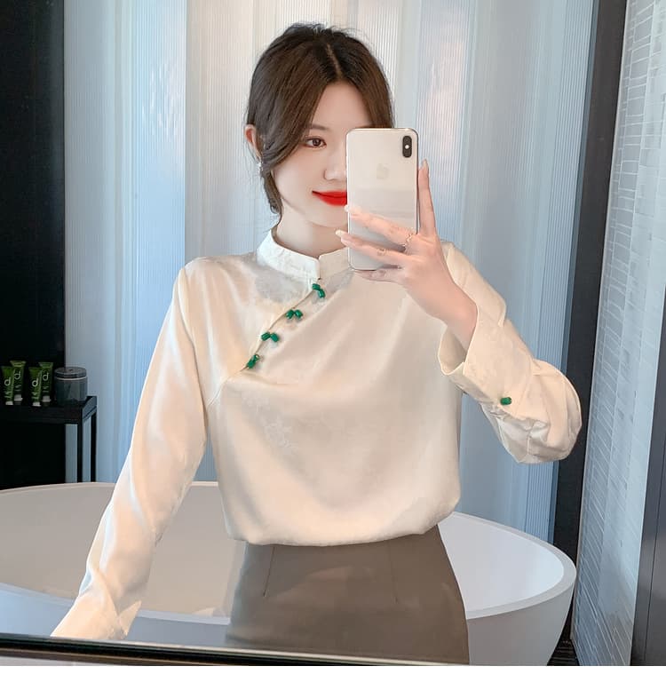 실사 2026 가을 새로운 새로운 중식 스탠드 칼라 긴팔 쉬폰 셔츠 품격 다용도 국풍 작은 셔츠 맨위 상세 이미지 28