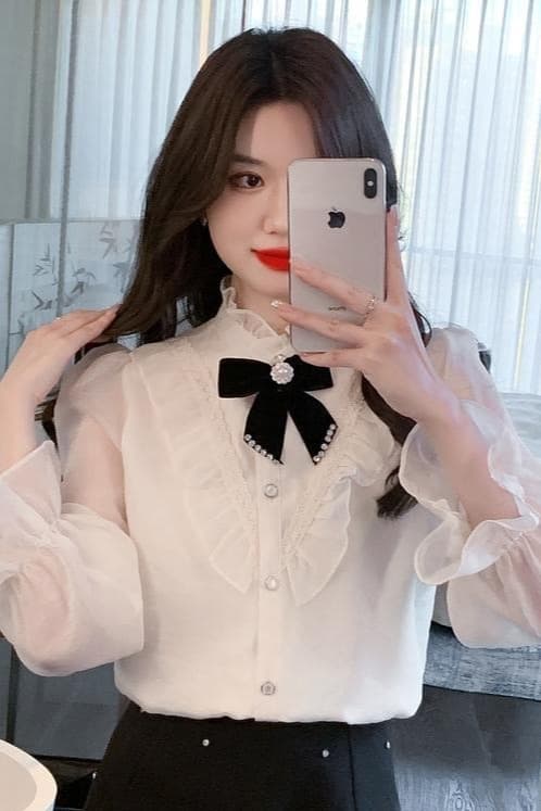 실사 가을 2026 년 새로운 작은 샤넬 스타일 나비 레이스 여성 셔츠 인사이드 가져 가라. 목이버섯 레이스 긴팔 맨위 이미지 6