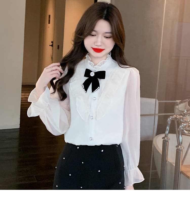 실사 가을 2026 년 새로운 작은 샤넬 스타일 나비 레이스 여성 셔츠 인사이드 가져 가라. 목이버섯 레이스 긴팔 맨위 상세 이미지 24