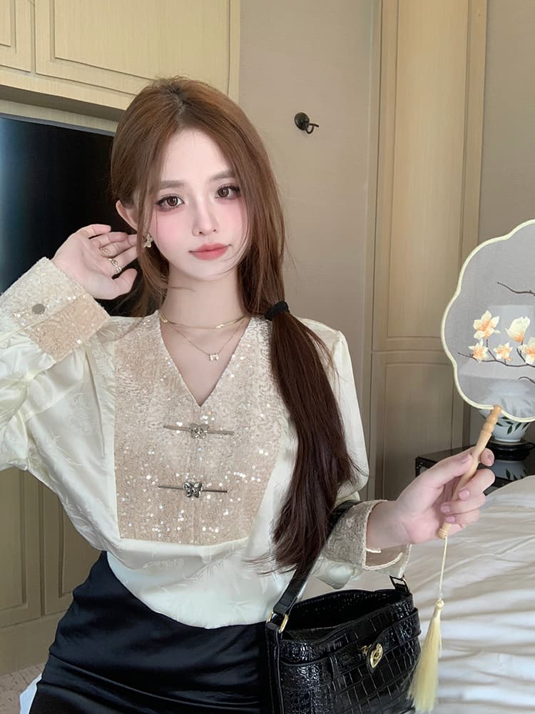 실사 2026 새로운 봄 스팽글 패치워크 긴팔 새로운 중식 국풍 여성 셔츠 이름 가족 바람 맨위