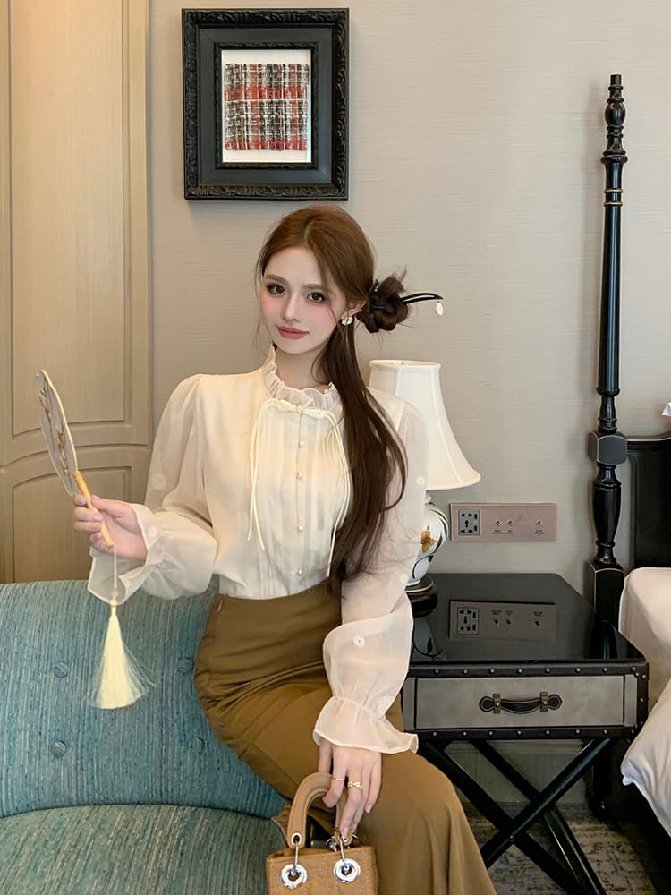 실사 가을 패션 긴팔 셔츠 여성 새로운 중식 국풍 맨위 Chic 연령 감소 외국 가스 작은 셔츠 상세 이미지 6