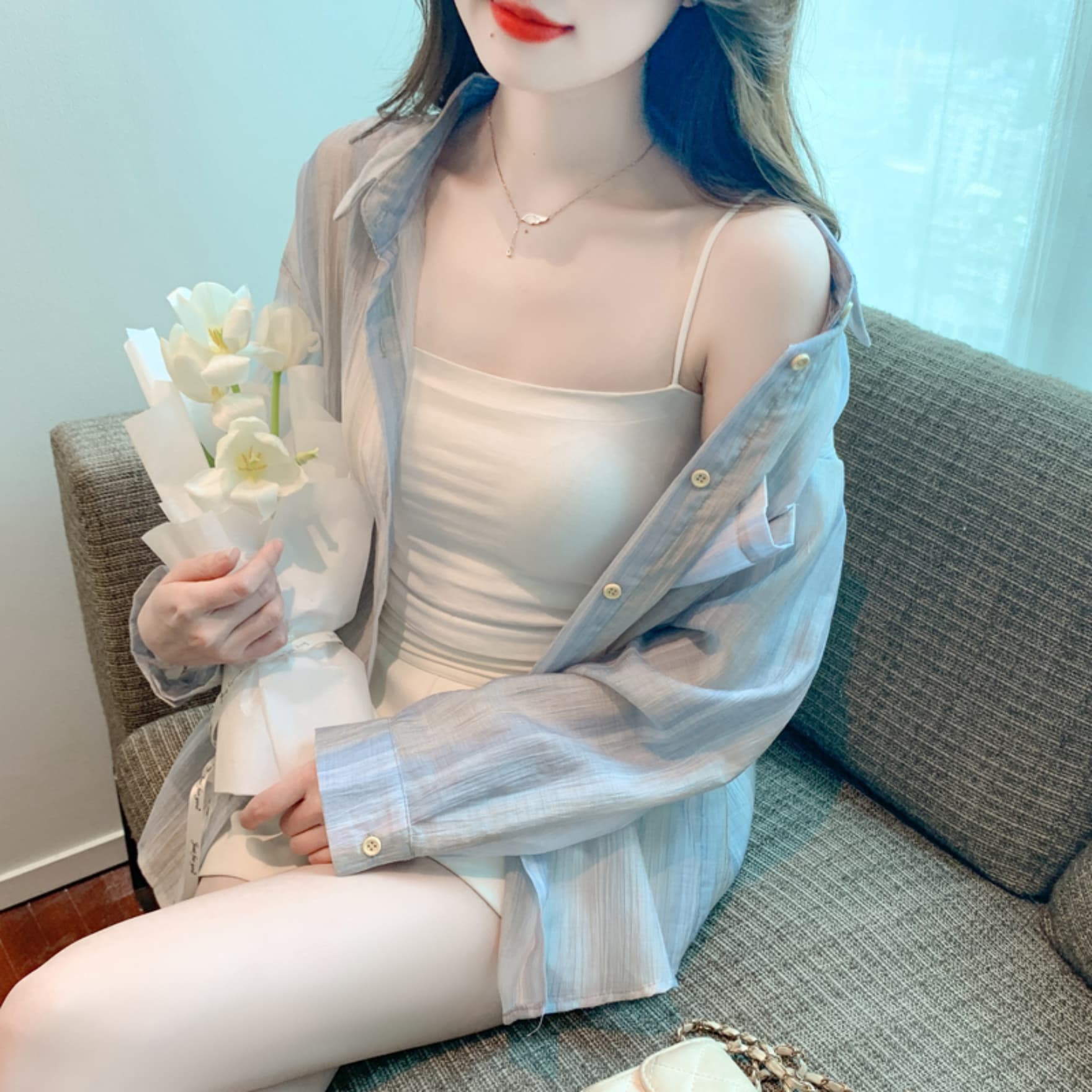 실사 자외선 차단 여성 셔츠 2026 가을 새로운 다용도 루즈핏 얇은 스타일 쉬폰 긴팔 오픈 가디건 셔츠 이미지 2