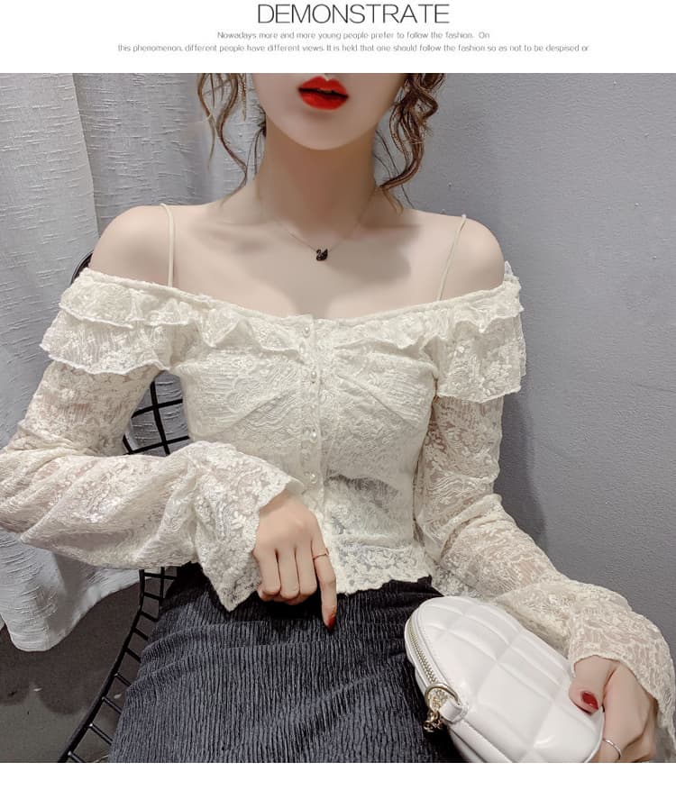 실사 2026 년 가을 새로운 울다 우아한 바람 보트넥 레이스 나팔 소매 몸매 가꾸기 슬림해 보이는 맨위 상세 이미지 32