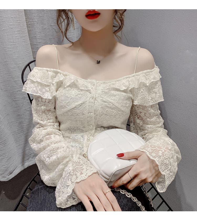 실사 2026 년 가을 새로운 울다 우아한 바람 보트넥 레이스 나팔 소매 몸매 가꾸기 슬림해 보이는 맨위 상세 이미지 33