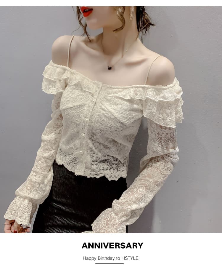 실사 2026 년 가을 새로운 울다 우아한 바람 보트넥 레이스 나팔 소매 몸매 가꾸기 슬림해 보이는 맨위 상세 이미지 34