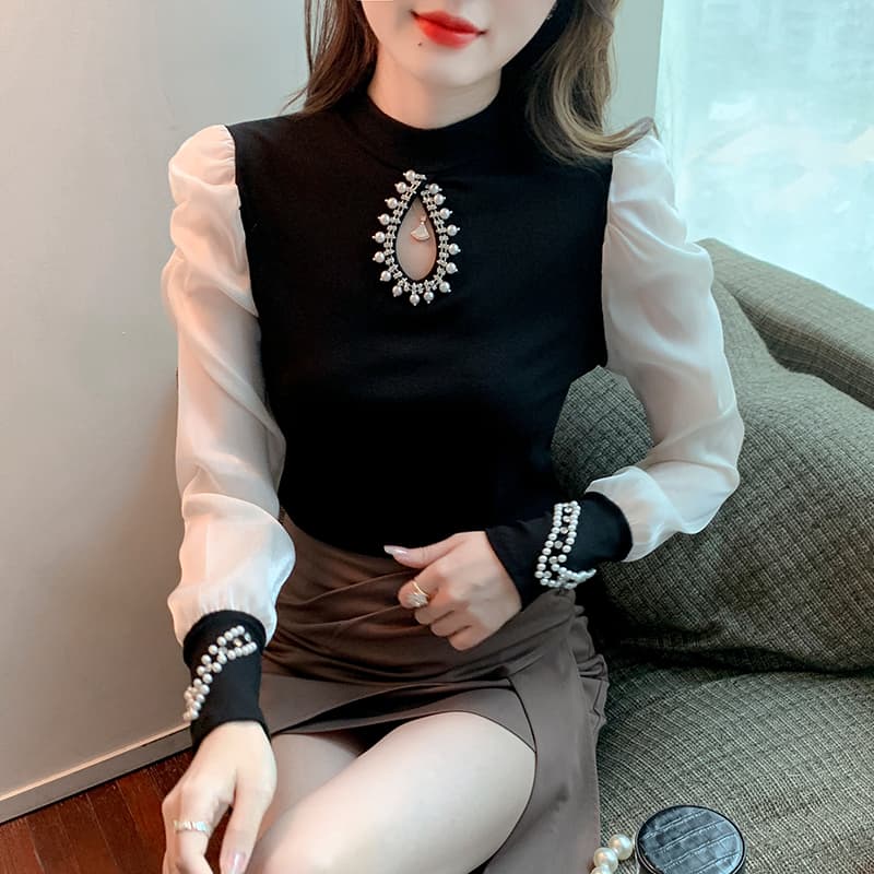 실사 2026 가을 홀로우 아웃 작은 심장 기계 무거운 작업 비즈 박기 패치워크 쉬폰 블라우스 몸매 가꾸기 긴팔 맨위 이미지 2