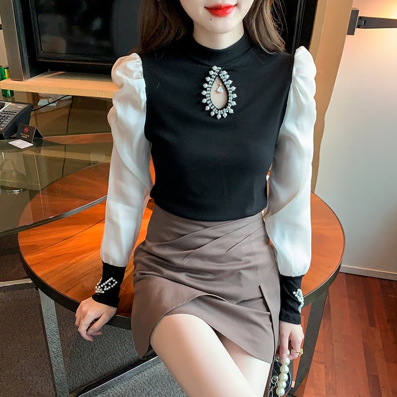 실사 2026 가을 홀로우 아웃 작은 심장 기계 무거운 작업 비즈 박기 패치워크 쉬폰 블라우스 몸매 가꾸기 긴팔 맨위 이미지 3