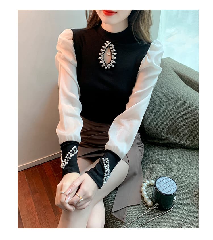 실사 2026 가을 홀로우 아웃 작은 심장 기계 무거운 작업 비즈 박기 패치워크 쉬폰 블라우스 몸매 가꾸기 긴팔 맨위 상세 이미지 9