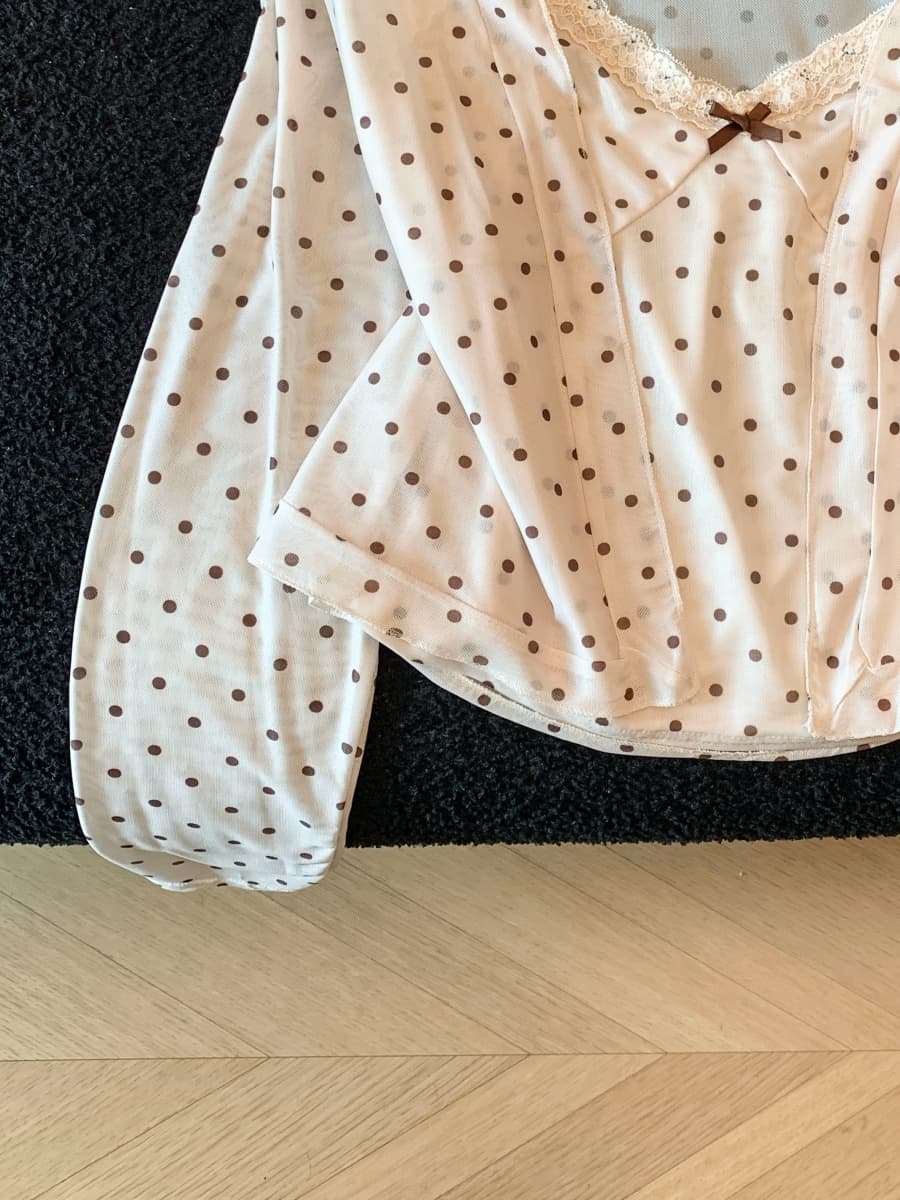 실사 한 부서 달콤한 매운맛 바람 도트 프린트 레이스 조각 긴팔 오픈 가디건 슬립 투피스 세트 티셔츠 여성 셔츠 상세 이미지 14