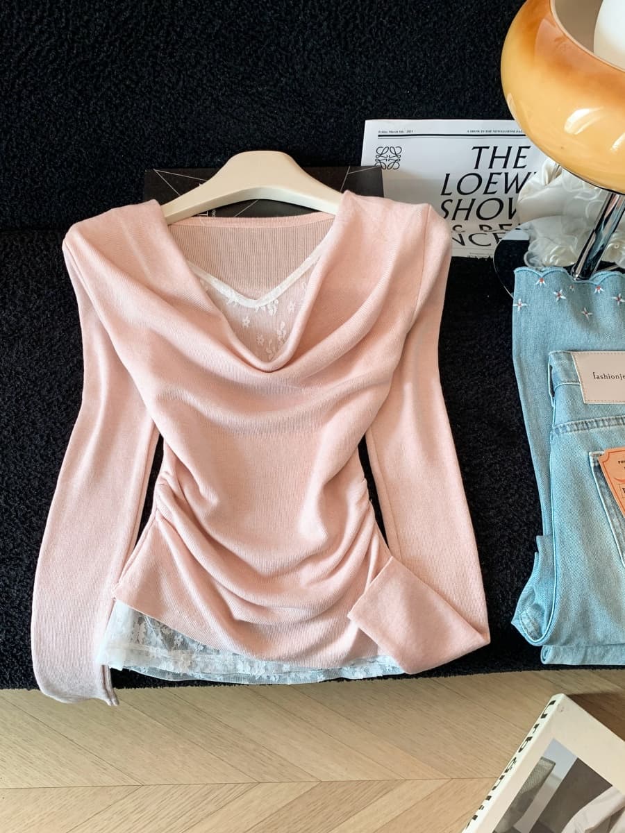 실사 새로운 2026 가을 V넥 디자인 센스 패치워크 레이스 레이스 슬림해 보이는 맨위 긴팔 니트 스웨터 상세 이미지 6