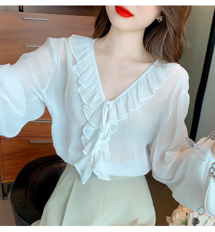 실사 2026 가을 새로운 프랑스식 Chic V넥 품격 패션 프릴 긴팔 쉬폰 블라우스 맨위 상세 이미지 17