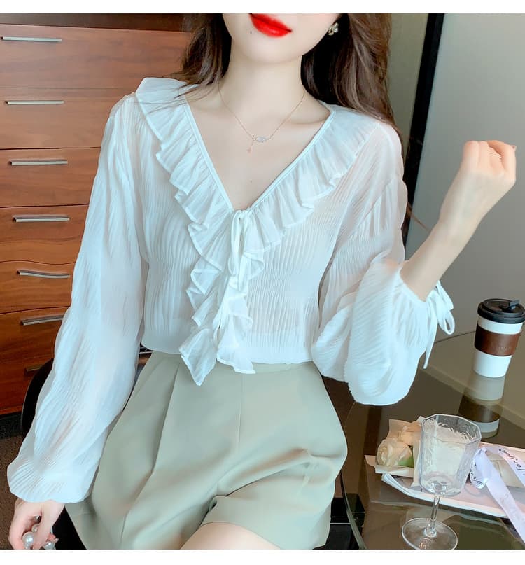 실사 2026 가을 새로운 프랑스식 Chic V넥 품격 패션 프릴 긴팔 쉬폰 블라우스 맨위 상세 이미지 18