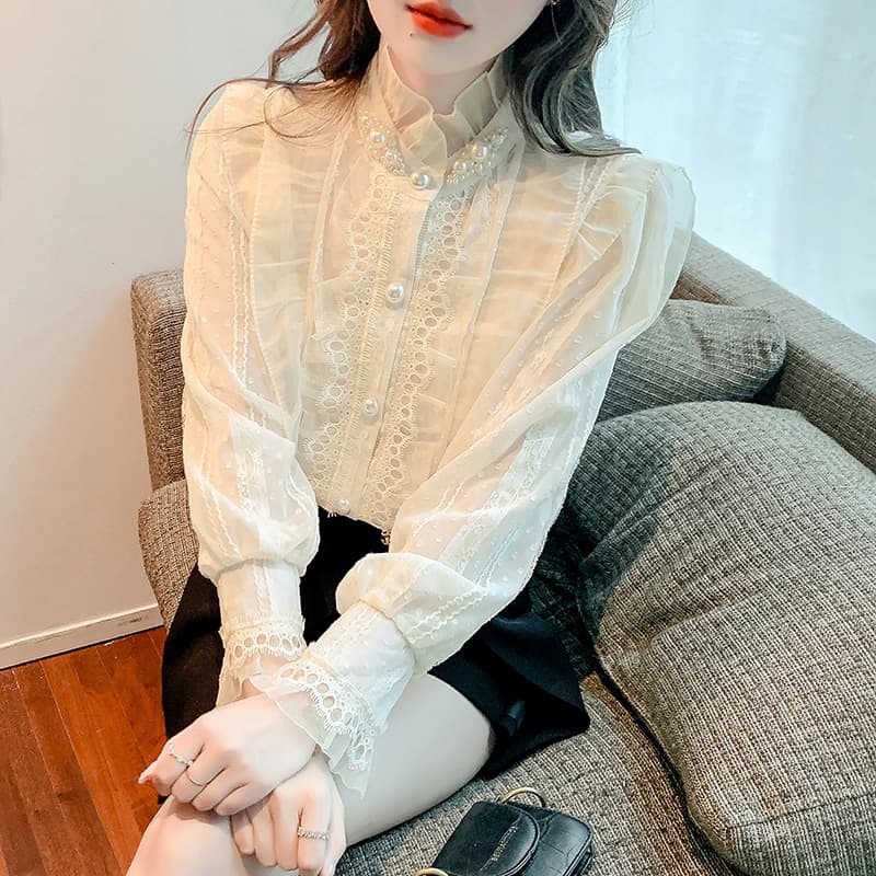 실사 2026 가을 새로운 무거운 작업 비즈 박기 레이스 칼라 여성 셔츠 프랑스식 레트로 맨위