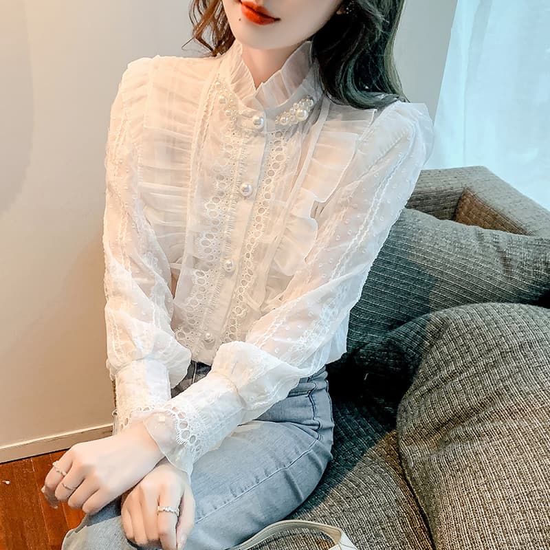 실사 2026 가을 새로운 무거운 작업 비즈 박기 레이스 칼라 여성 셔츠 프랑스식 레트로 맨위 이미지 2