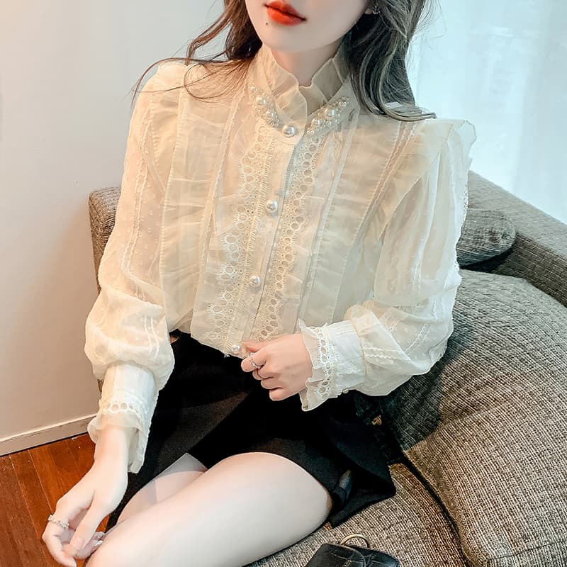 실사 2026 가을 새로운 무거운 작업 비즈 박기 레이스 칼라 여성 셔츠 프랑스식 레트로 맨위 이미지 5
