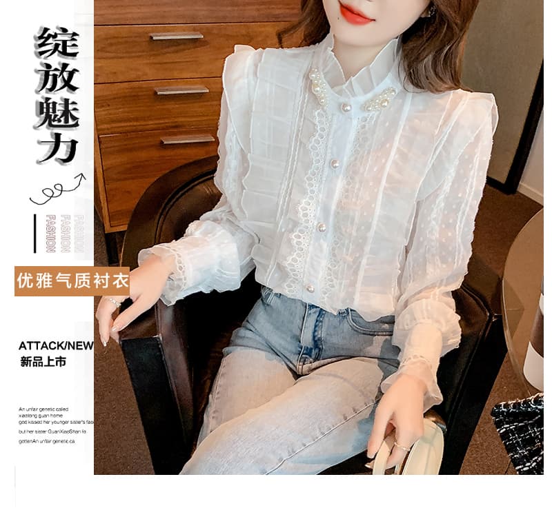 실사 2026 가을 새로운 무거운 작업 비즈 박기 레이스 칼라 여성 셔츠 프랑스식 레트로 맨위 상세 이미지 3