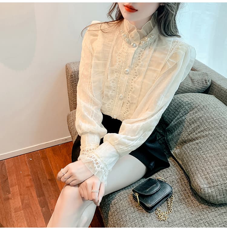 실사 2026 가을 새로운 무거운 작업 비즈 박기 레이스 칼라 여성 셔츠 프랑스식 레트로 맨위 상세 이미지 11