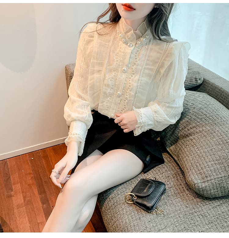 실사 2026 가을 새로운 무거운 작업 비즈 박기 레이스 칼라 여성 셔츠 프랑스식 레트로 맨위 상세 이미지 12