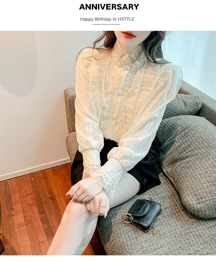 실사 2026 가을 새로운 무거운 작업 비즈 박기 레이스 칼라 여성 셔츠 프랑스식 레트로 맨위 상세 이미지 13