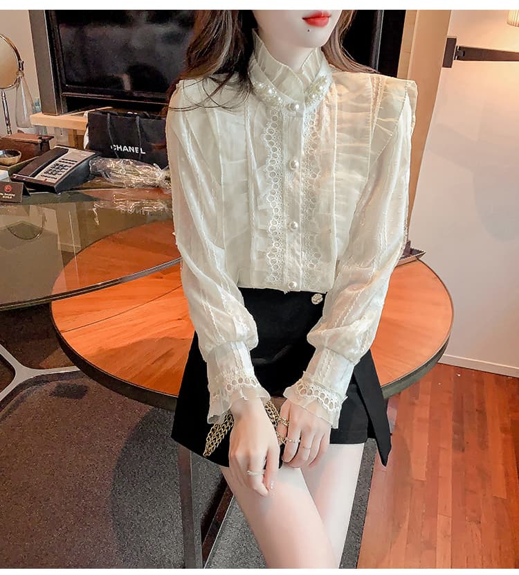 실사 2026 가을 새로운 무거운 작업 비즈 박기 레이스 칼라 여성 셔츠 프랑스식 레트로 맨위 상세 이미지 23