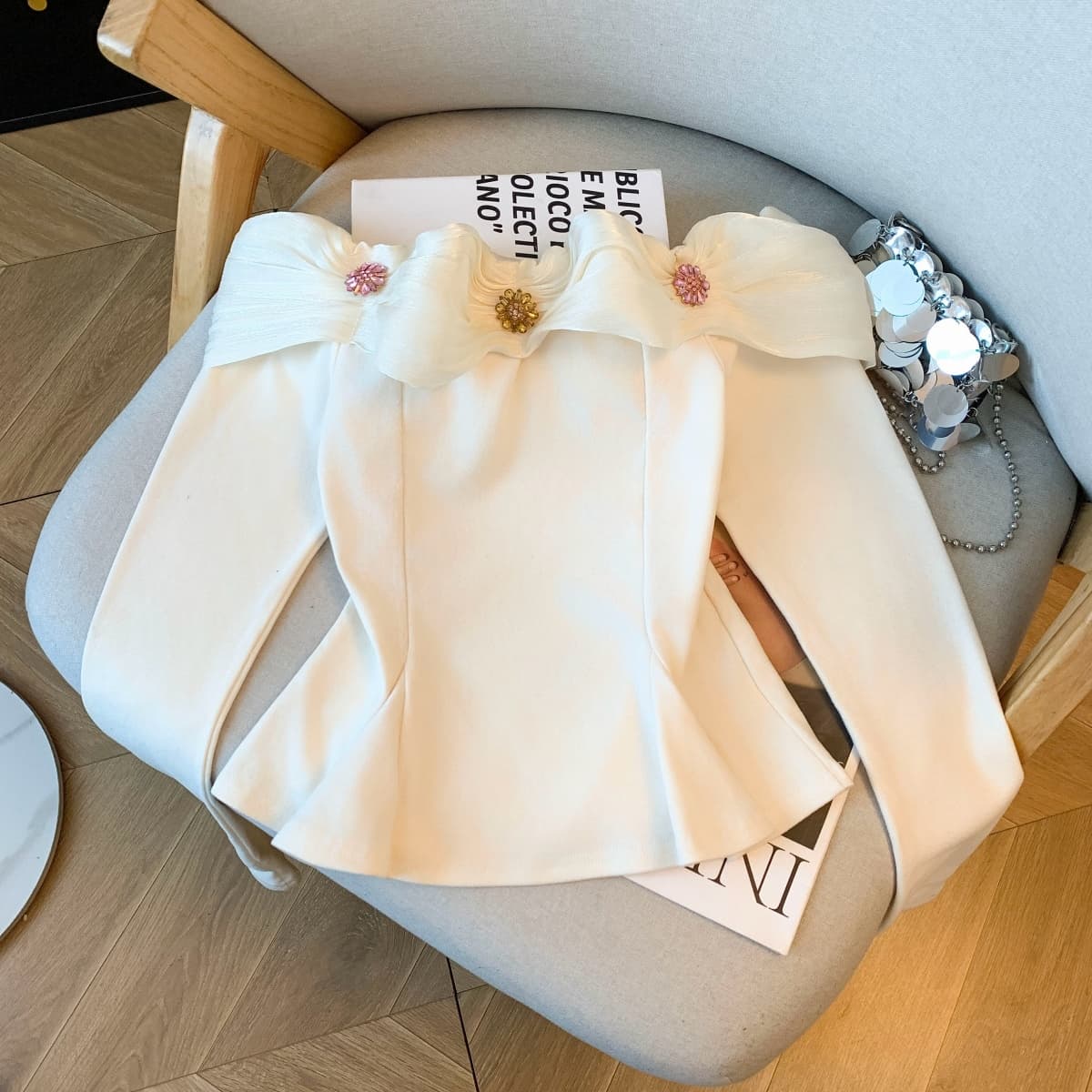 실사 작은 샤넬 스타일 프릴 긴팔 티셔츠 여성 가을 순수한 욕망 오프숄더 맨위 아름다운 기본 셔츠 인사이드 가져 가라. 상세 이미지 24