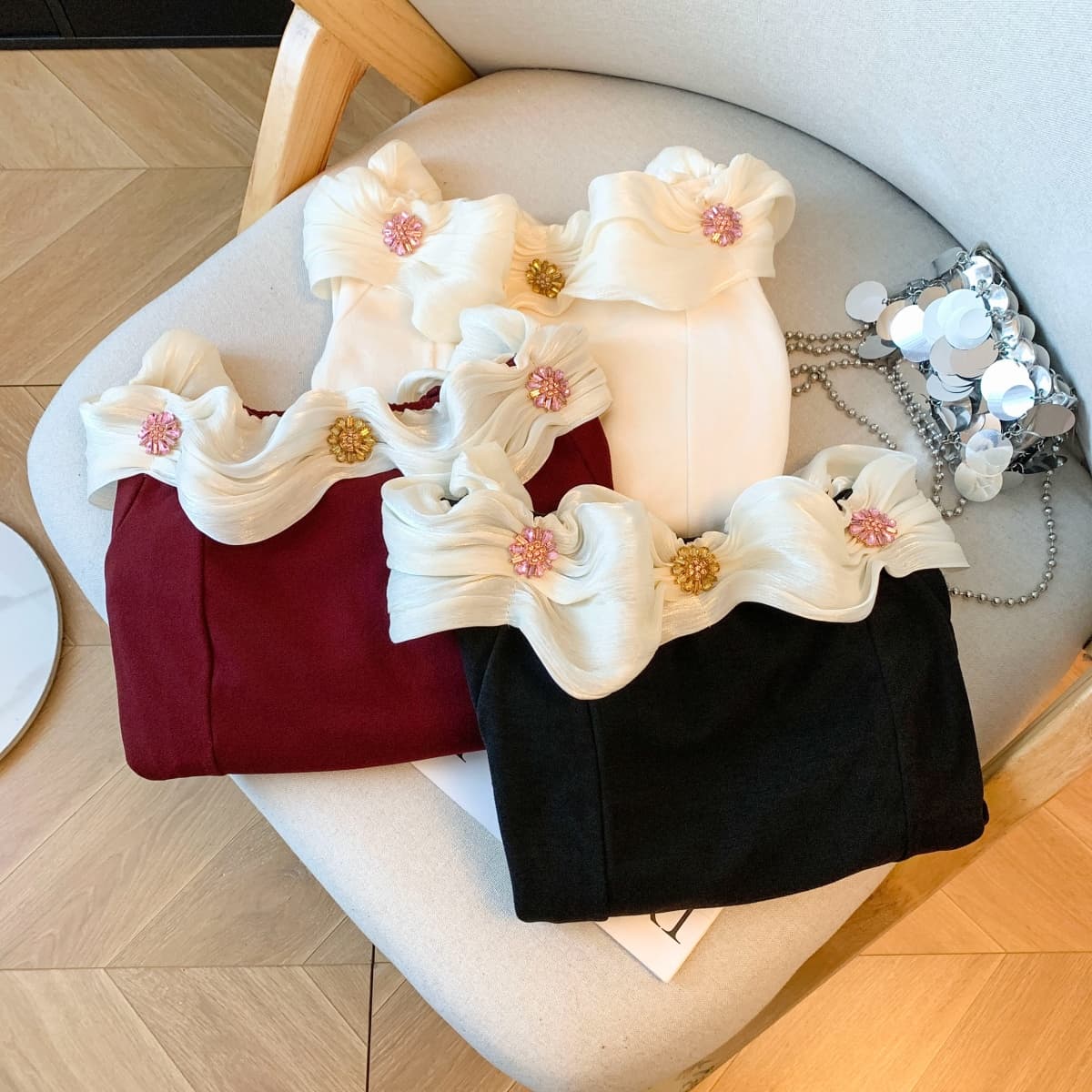 실사 작은 샤넬 스타일 프릴 긴팔 티셔츠 여성 가을 순수한 욕망 오프숄더 맨위 아름다운 기본 셔츠 인사이드 가져 가라. 상세 이미지 25