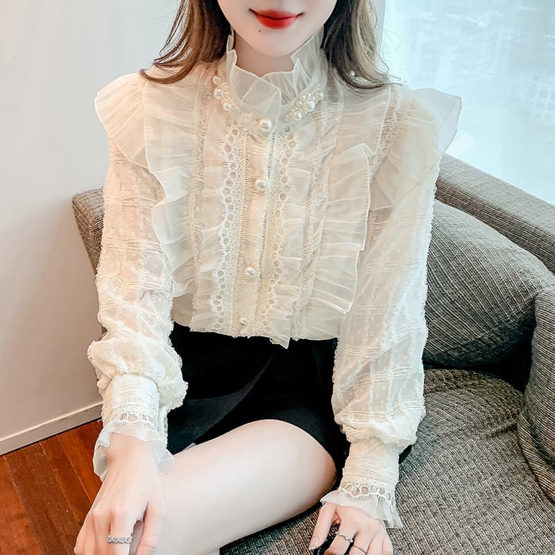 실사 2026 가을 새로운 무거운 작업 비즈 박기 레이스 칼라 여성 셔츠 프릴 칼라 프랑스식 레트로 맨위