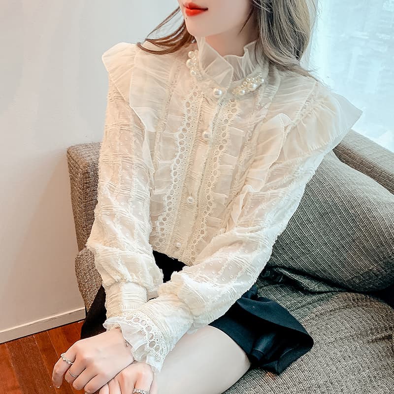 실사 2026 가을 새로운 무거운 작업 비즈 박기 레이스 칼라 여성 셔츠 프릴 칼라 프랑스식 레트로 맨위 이미지 2