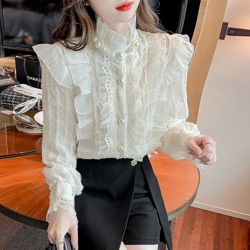 실사 2026 가을 새로운 무거운 작업 비즈 박기 레이스 칼라 여성 셔츠 프릴 칼라 프랑스식 레트로 맨위 이미지 3