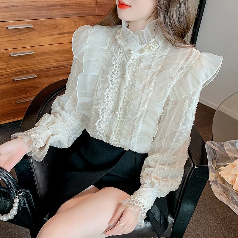 실사 2026 가을 새로운 무거운 작업 비즈 박기 레이스 칼라 여성 셔츠 프릴 칼라 프랑스식 레트로 맨위 이미지 4