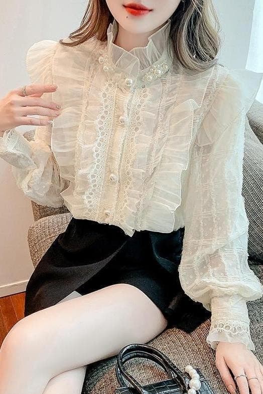 실사 2026 가을 새로운 무거운 작업 비즈 박기 레이스 칼라 여성 셔츠 프릴 칼라 프랑스식 레트로 맨위 이미지 6