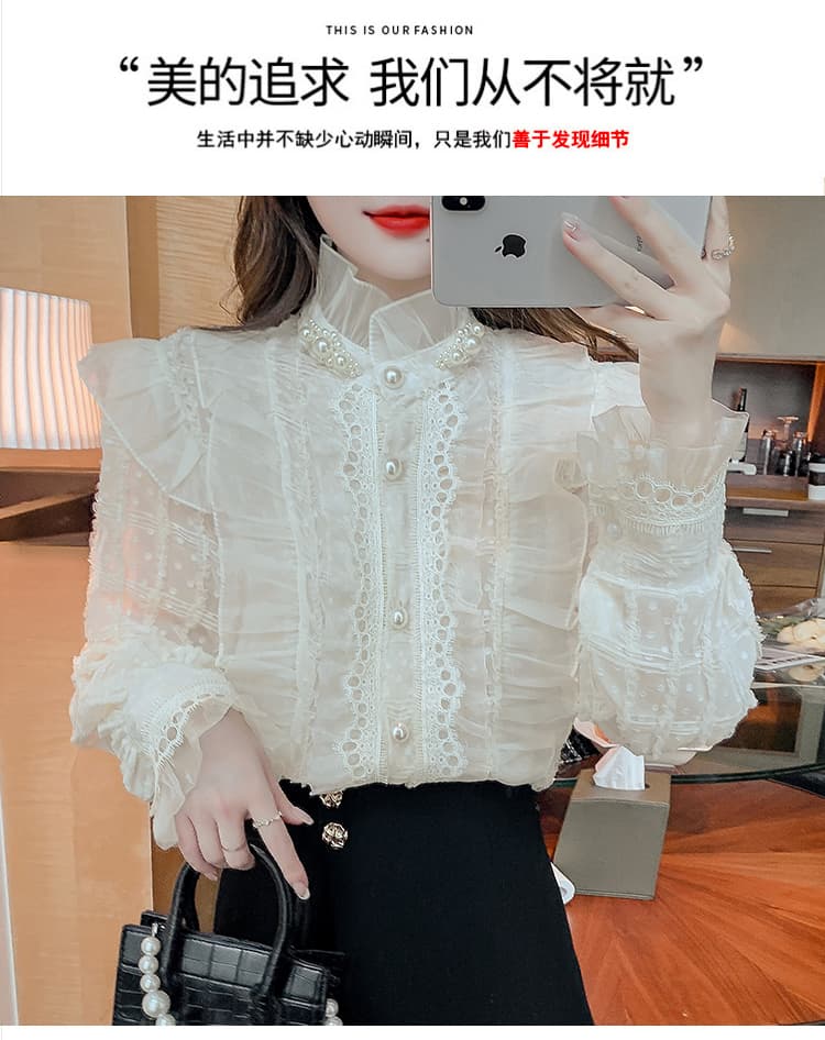실사 2026 가을 새로운 무거운 작업 비즈 박기 레이스 칼라 여성 셔츠 프릴 칼라 프랑스식 레트로 맨위 상세 이미지 2