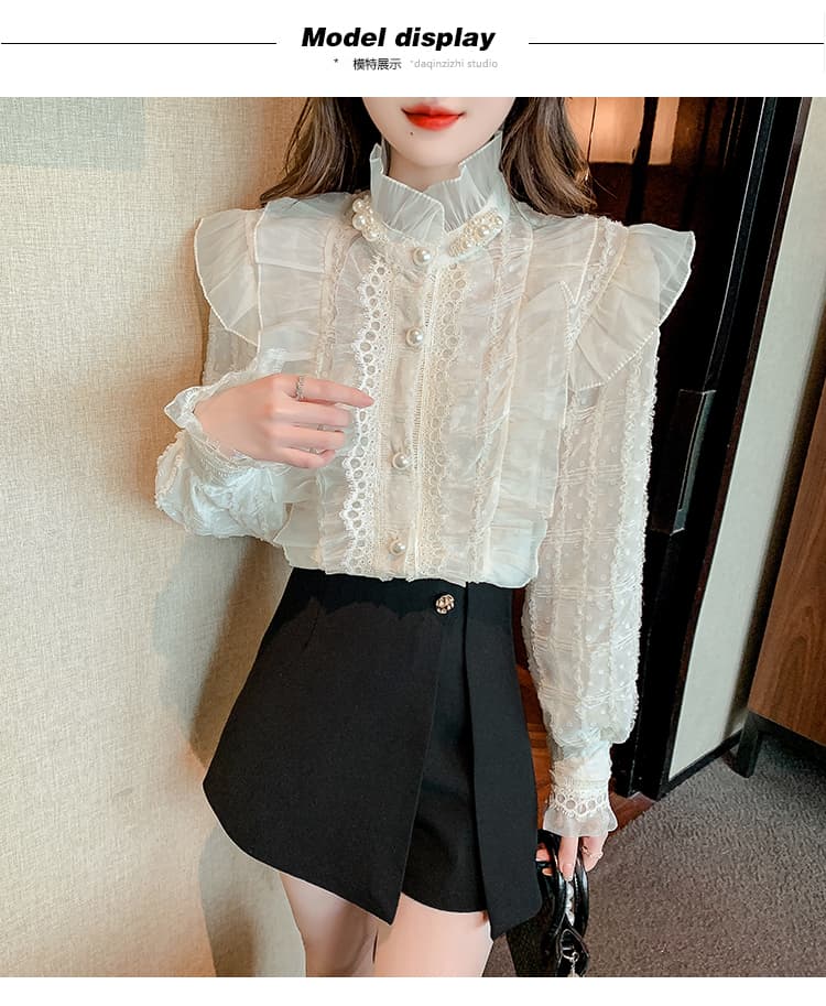 실사 2026 가을 새로운 무거운 작업 비즈 박기 레이스 칼라 여성 셔츠 프릴 칼라 프랑스식 레트로 맨위 상세 이미지 9