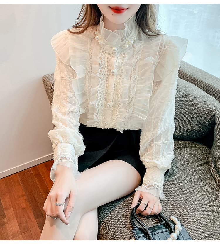 실사 2026 가을 새로운 무거운 작업 비즈 박기 레이스 칼라 여성 셔츠 프릴 칼라 프랑스식 레트로 맨위 상세 이미지 10