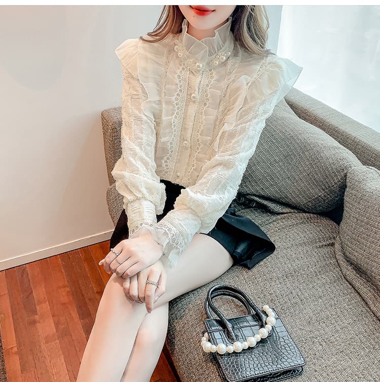실사 2026 가을 새로운 무거운 작업 비즈 박기 레이스 칼라 여성 셔츠 프릴 칼라 프랑스식 레트로 맨위 상세 이미지 12