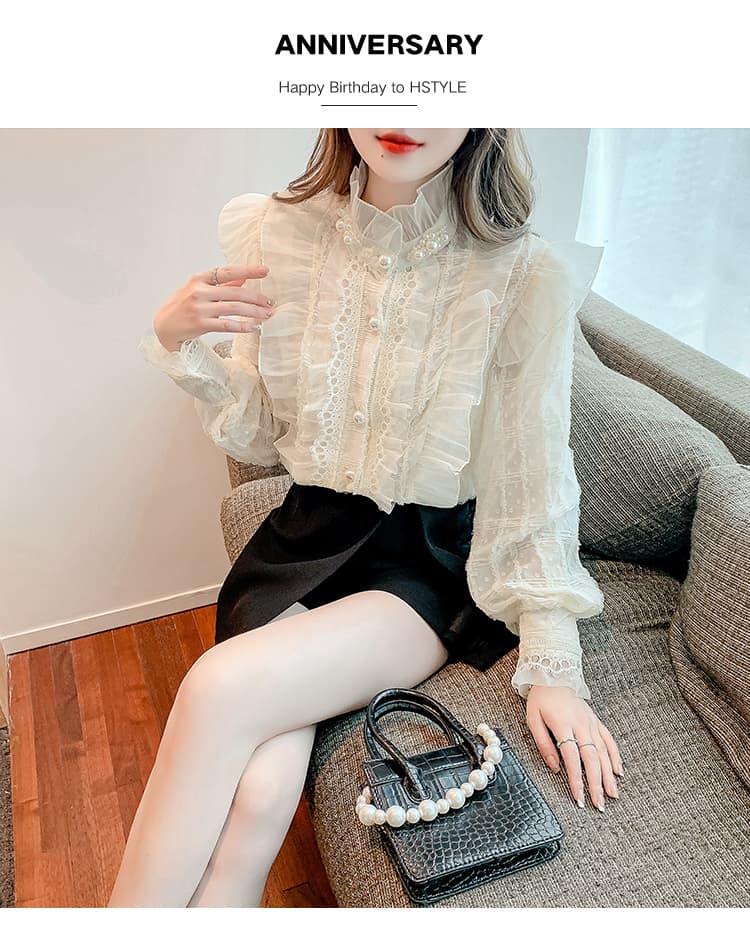 실사 2026 가을 새로운 무거운 작업 비즈 박기 레이스 칼라 여성 셔츠 프릴 칼라 프랑스식 레트로 맨위 상세 이미지 14
