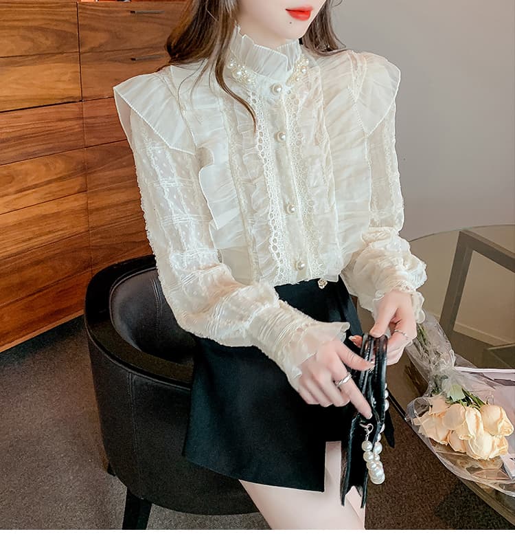 실사 2026 가을 새로운 무거운 작업 비즈 박기 레이스 칼라 여성 셔츠 프릴 칼라 프랑스식 레트로 맨위 상세 이미지 18