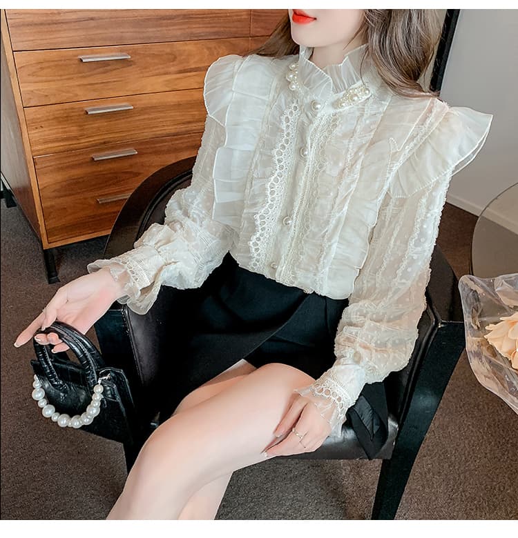 실사 2026 가을 새로운 무거운 작업 비즈 박기 레이스 칼라 여성 셔츠 프릴 칼라 프랑스식 레트로 맨위 상세 이미지 20