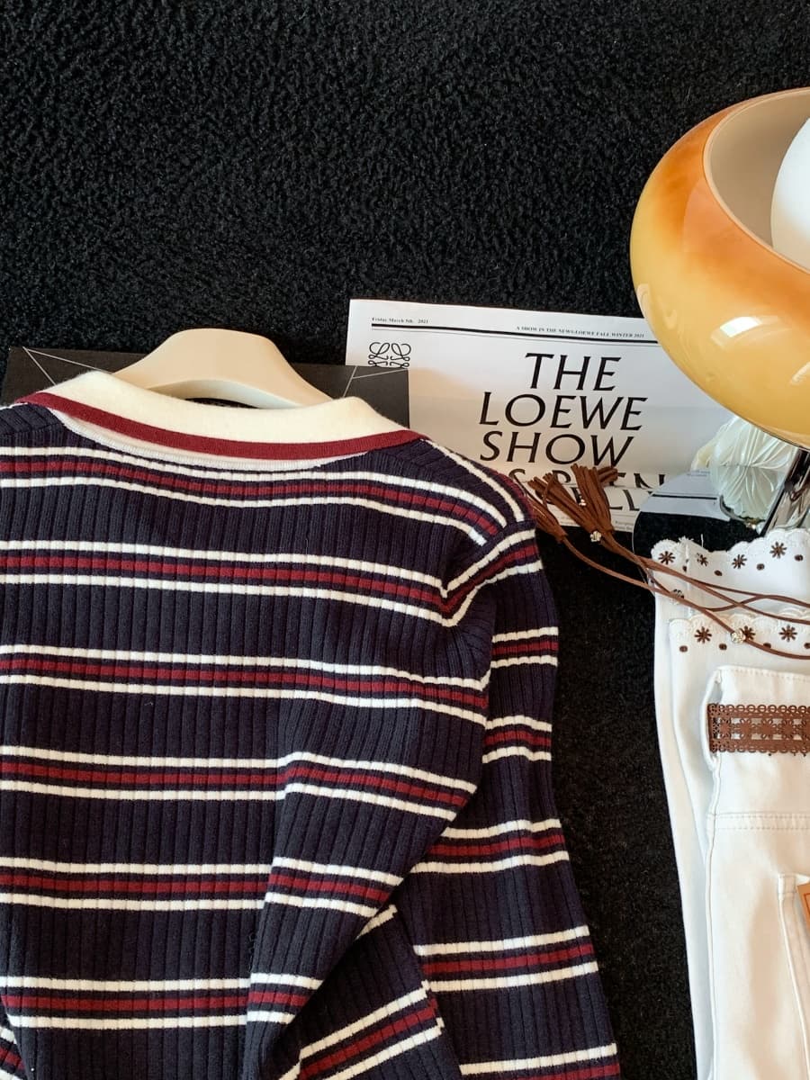 실사 한국 스타일 배색 스트라이프 POLO 칼라 긴팔 니트 스웨터 여성 여름 새로운 몸매 가꾸기 슬림해 보이는 외출용 맨위 이미지 5