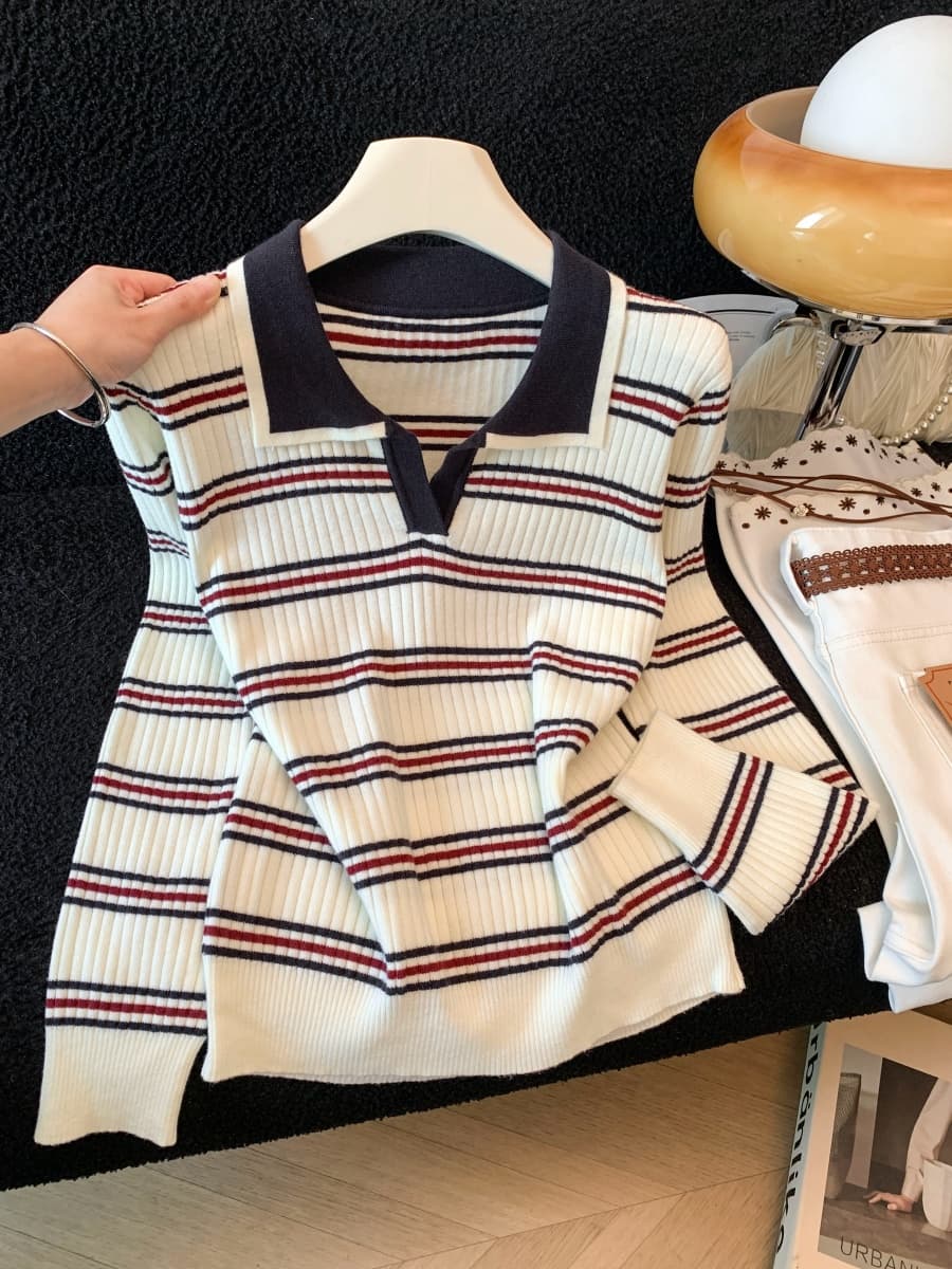 실사 한국 스타일 배색 스트라이프 POLO 칼라 긴팔 니트 스웨터 여성 여름 새로운 몸매 가꾸기 슬림해 보이는 외출용 맨위 상세 이미지 1