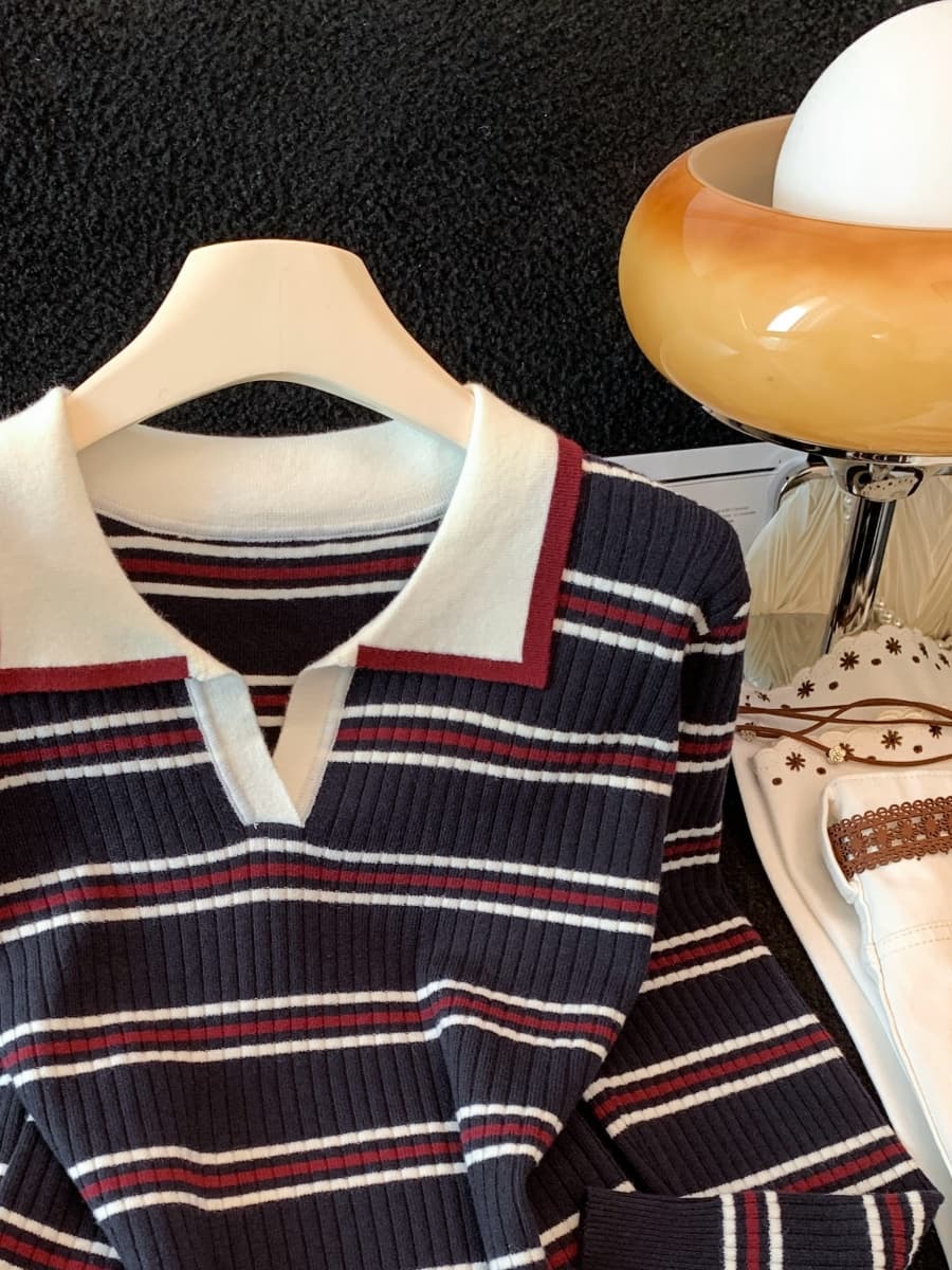실사 한국 스타일 배색 스트라이프 POLO 칼라 긴팔 니트 스웨터 여성 여름 새로운 몸매 가꾸기 슬림해 보이는 외출용 맨위 상세 이미지 10