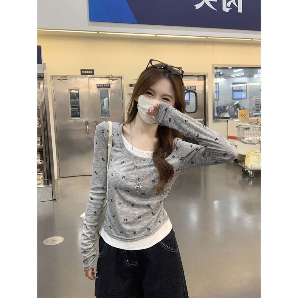 리브 De 플러시 270 그램 회색 비스듬한 어깨 모피 칼라 긴팔 티셔츠 여성 가을 겨울 순수한 욕망 오프숄더 기본 셔츠 맨위 이미지 3