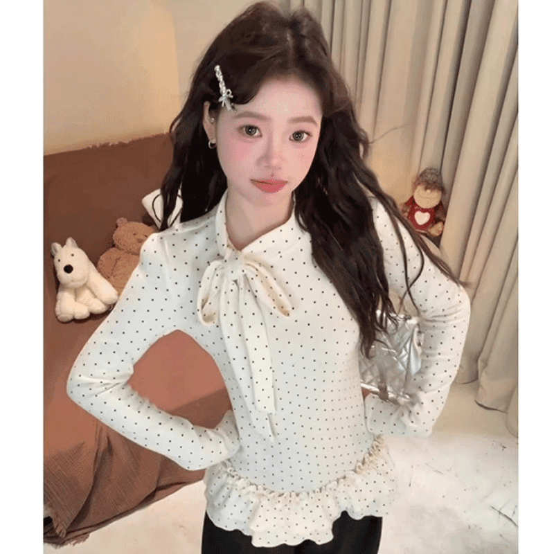 2026 봄 한 부서 스트랩 나비 매듭 프릴 도트 무늬 기본 셔츠 여성 가을 겨울 인사이드 가져 가라. 몸매 가꾸기 슬림해 보이는 맨위 이미지 4
