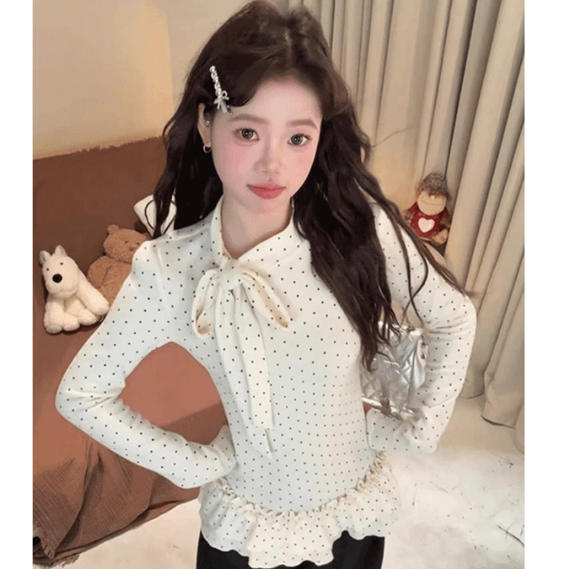 2026 봄 한 부서 스트랩 나비 매듭 프릴 도트 무늬 기본 셔츠 여성 가을 겨울 인사이드 가져 가라. 몸매 가꾸기 슬림해 보이는 맨위 이미지 3