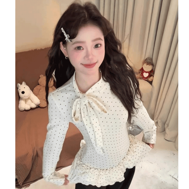 2026 봄 한 부서 스트랩 나비 매듭 프릴 도트 무늬 기본 셔츠 여성 가을 겨울 인사이드 가져 가라. 몸매 가꾸기 슬림해 보이는 맨위