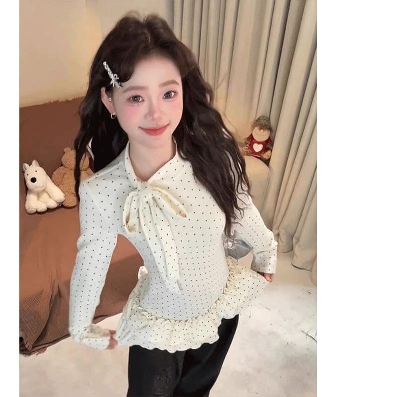2026 봄 한 부서 스트랩 나비 매듭 프릴 도트 무늬 기본 셔츠 여성 가을 겨울 인사이드 가져 가라. 몸매 가꾸기 슬림해 보이는 맨위 상세 이미지 2